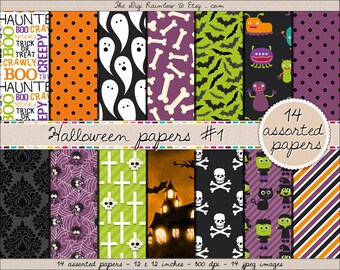 SALE Halloween digital paper Halloween clipart Halloween printable ghosts monsters bats spiders bones clip art green orange purple black