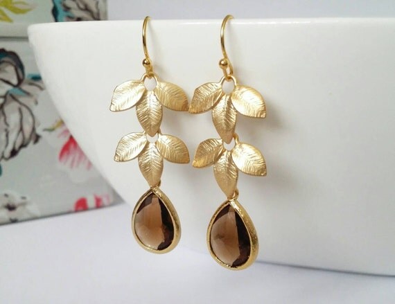 Brown earrings gold and brown earrings gold leaf earrings