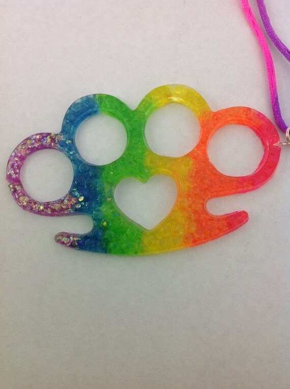 Neon Rainbow Brass Knuckles Glitter Statement necklace kitsch