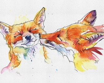 Foxes print 5" x 7" from original handmade watercolour. IKEA Ribba, ready to frame