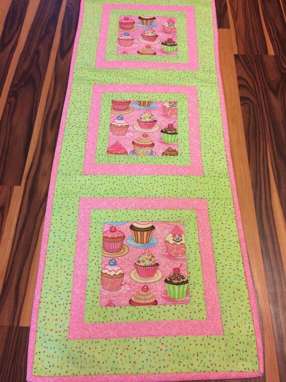Cute Cupcake Table Runner Quilted Pink Green Centerpiece Table