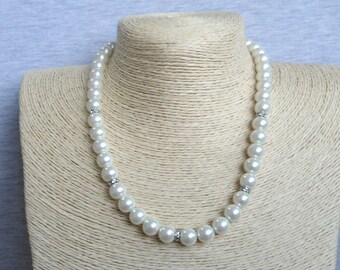 Pearl Necklace,pearl And Rhinestone Necklaces, Glass Pearl Necklace,One Strand Pearl Necklace,Wedding Jewelry,Bridesmaid necklace,Jewelry