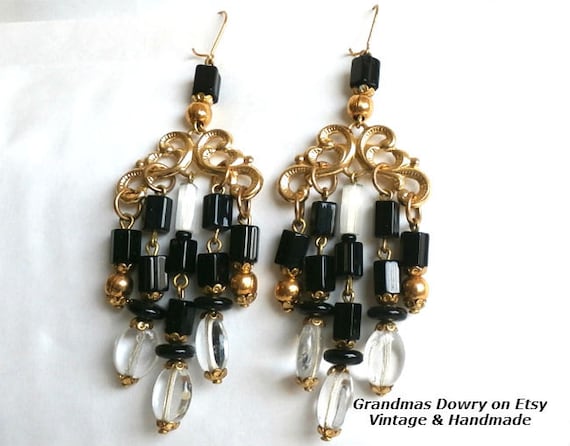 Gold Chandelier Earrings with Black Beads Vintage Tassel