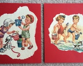 1951 "Day at the Beach" Nursury Art Children's Room Fraternal Twins Corinne Malvern Wall Hanging Vintage Book Page Illustrations Red Pail