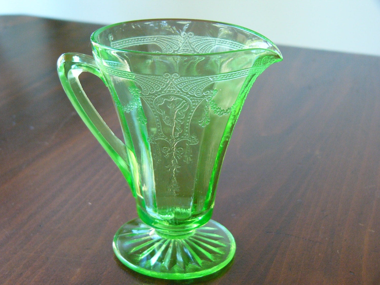 Uranium Glass Jug 1930's Green Pressed Glass Jug