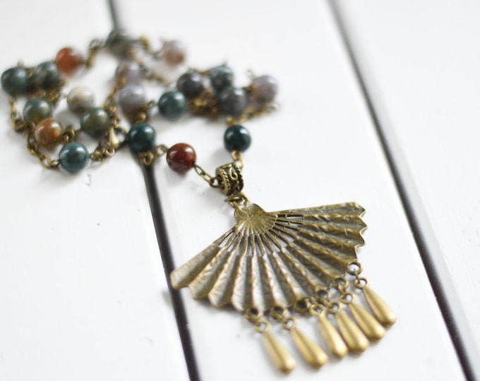 Freedom Life // Necklace and pendant in the form of a fan of metal, brass, beaded natural stone Jasper // Best Trends 2015