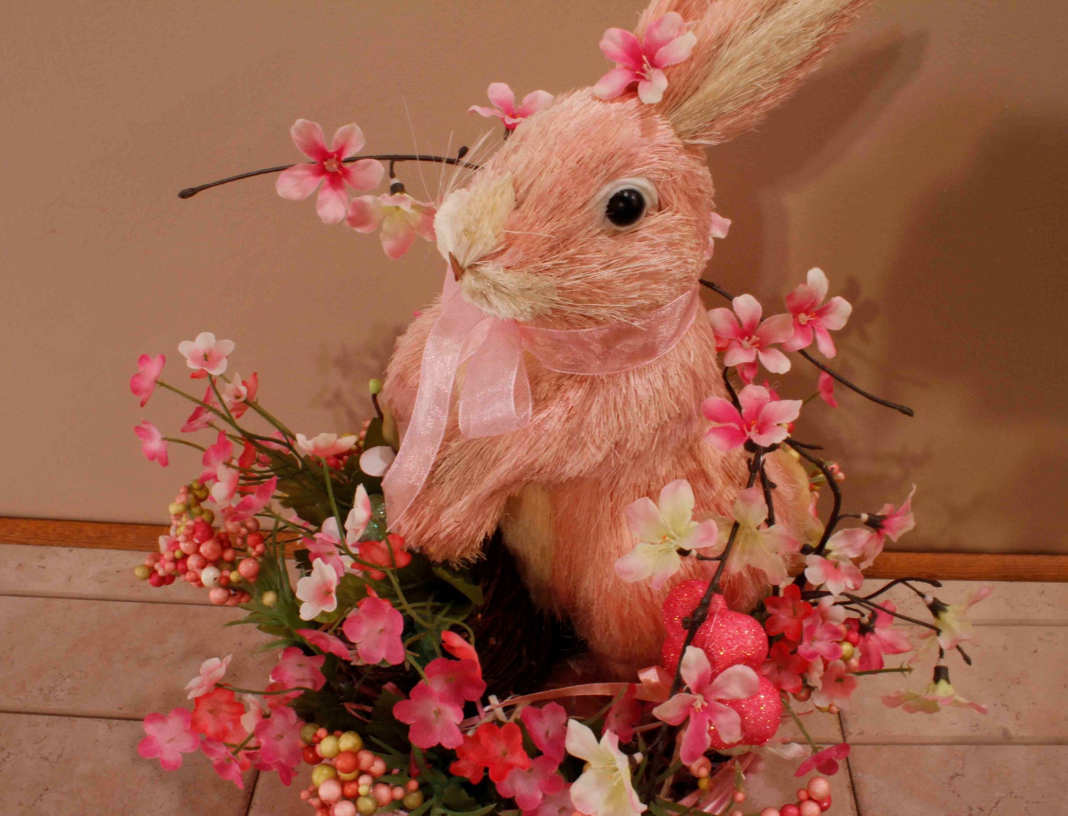 Easter Bunny Large Pink Sisal Bunny Pink Flowers by PamsDeZines