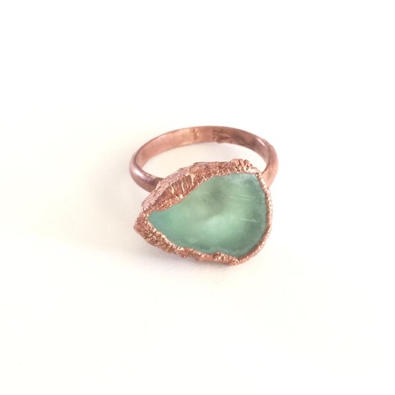 Green Calcite Copper Electroformed Ring Size 8 /// Raw Crystal