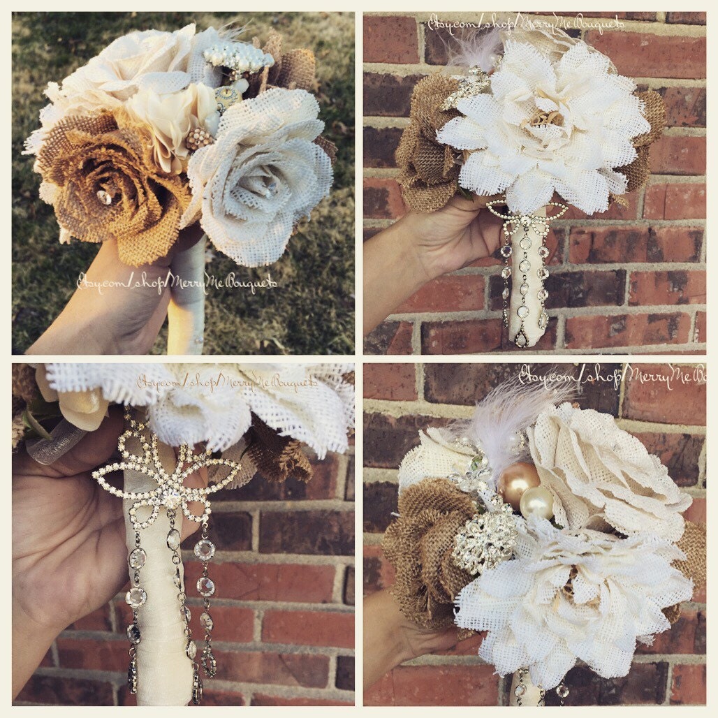 Burlap wedding bouquet. White and brown burlap with brooches and jewelry