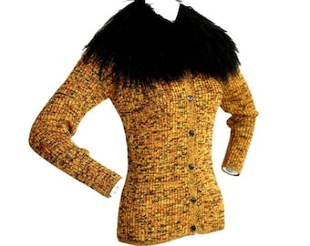 Vintage Yves Saint Laurent Fourrures Mongolian Lamb Sweater Cardigan / Gorgeous Vintage YSL Fur Cardigan / Oversized Collar Beautiful Colors