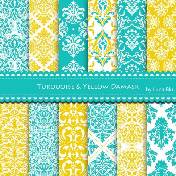 Damask Digital Paper Turquoise and Yellow Damask by Lunabludesign