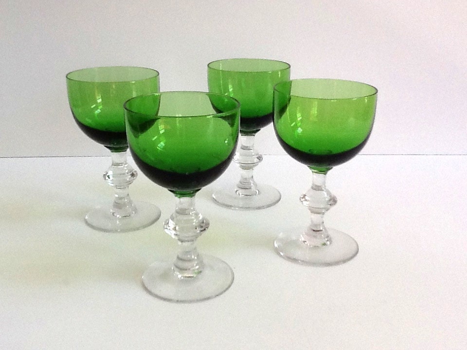 Emerald Green Cordial Glasses Set of 4 Clear Glass Knob
