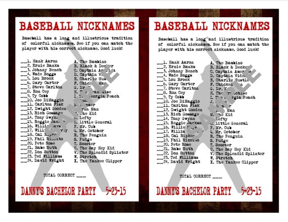 Baseball Nicknames Printable Matching GameCustom Digital