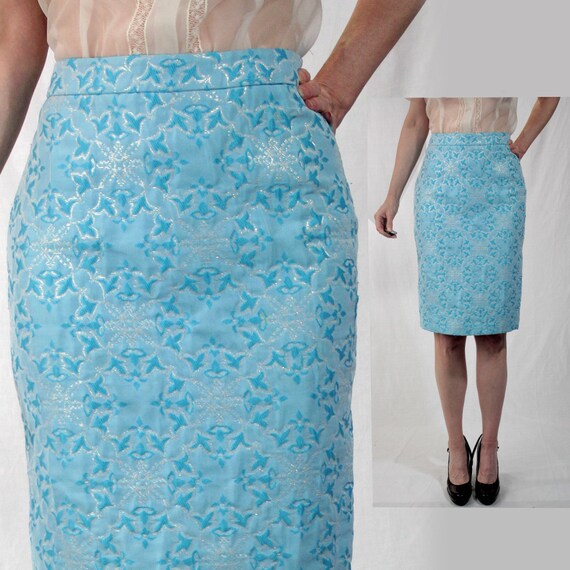 Pencil skirt Brocade skirt light blue skirt by MadCrushVintage