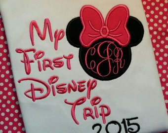 My First Disney Trip T-shirt, personalize with your monogram and the year! Minnie mouse, pink bow and embroidery, short sleeve