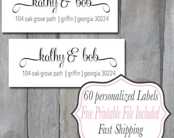 60 Personalized Return Address Labels - White with Fancy Print Address Labels (RA302)