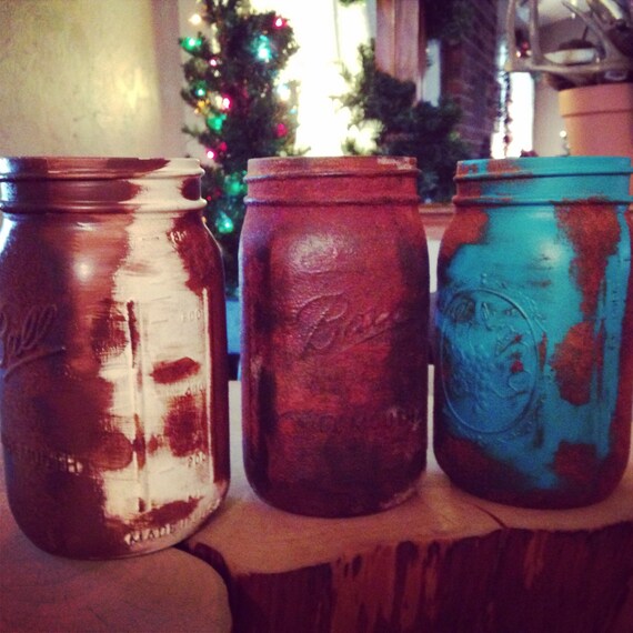 Rustic Painted Mason Jars Western Mason by PhoebesBitsandPieces