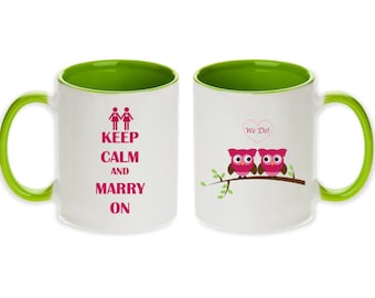 Lesbian Wedding Gift Pair of Unique We Do Keep Calm and Marry On Mugs (Light / Lime Green - 2pcs) - Ships within 2 Days!