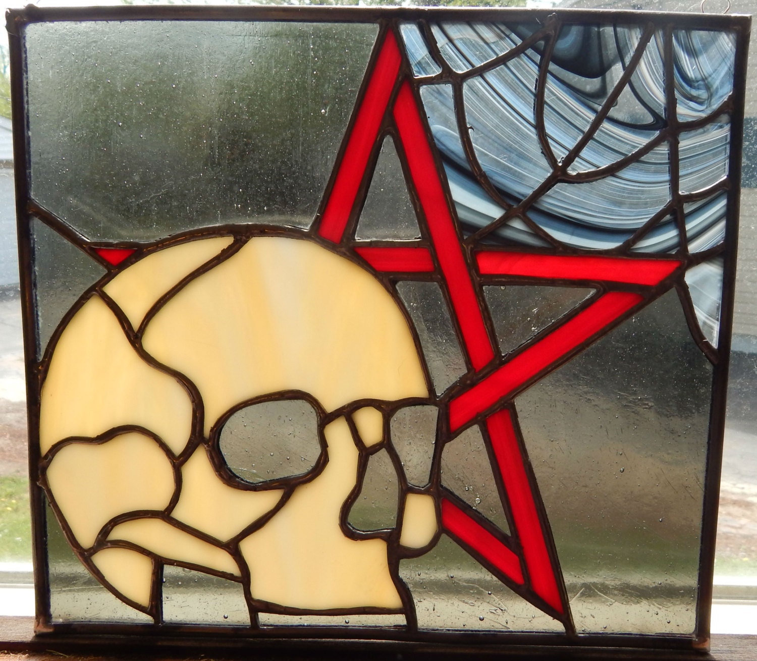 Handmade Samhain Gothic Skull Web Pentacle by AZStainedGlassLLC