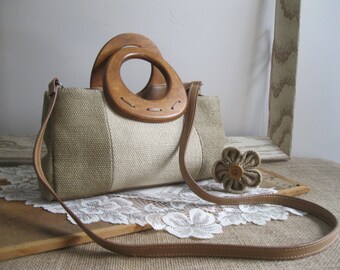 strap purse extender Handles Shoulder Beige Purse/Clutch Burlap W/ Wooden Khaki Strap &