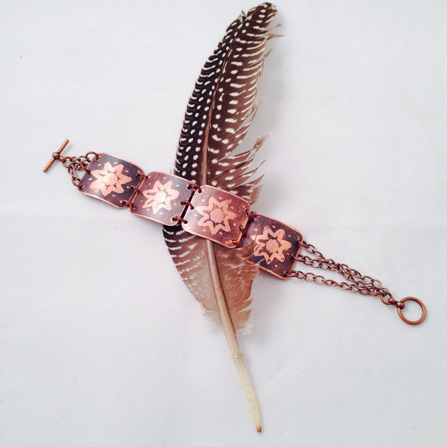 Handmade and etched flowers copper metal boho gypsy by JupiterOak