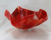 Big and Deep Stunning Red Wavy Glass Bowl with a Foot