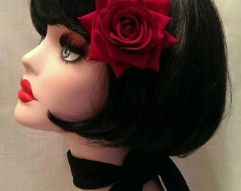 Red small velvet rose hair clip