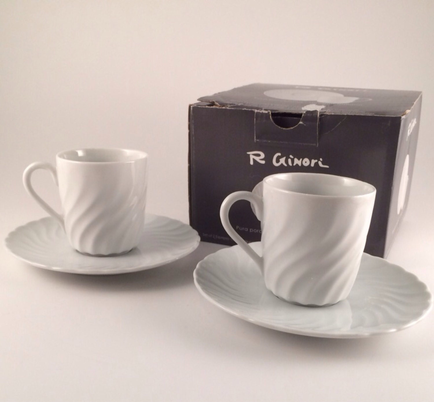 Richard Ginori 2 x White Demitasse Espresso Coffee Cups and Saucers