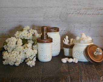 Mason jar distressed rustic bathroom/ vanity set with copper lids and pump, home decor, country, shabby chic, soap dispenser, bathroom decor