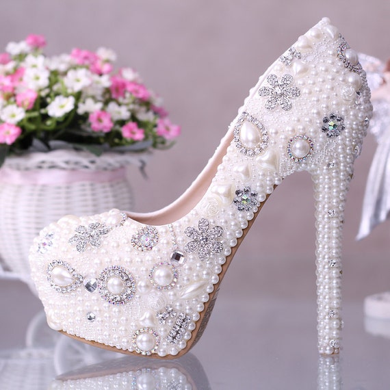 White pearl wedding shoes crystal wedding shoes by Queenheels