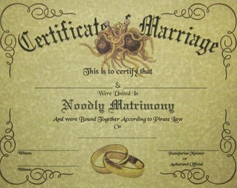 FSM Certificate of Marriage, Pastafarian Flying Spaghetti Monster Wedding