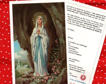 OUR LADY of LOURDES relic holy card with cloth touched to the wall of the Grotto in Lourdes where Mary appeared to St Bernadette in 1858