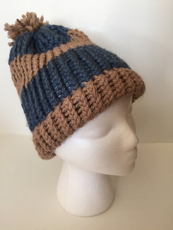 Navy and Tan Knit Hat by LittleStitchesJO on Etsy