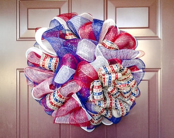 Red, White, & Blue Deco Mesh Wreath (Medium~18inches), Medium Wreath, Fourth of July Wreath, Memorial Day Wreath, Veterans Day Wreath,