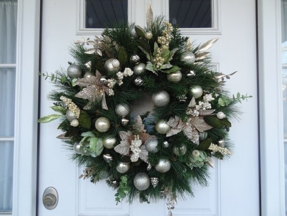 Items similar to Holiday Wreath: Sage Green, Cream, and Taupe Sparkling ...