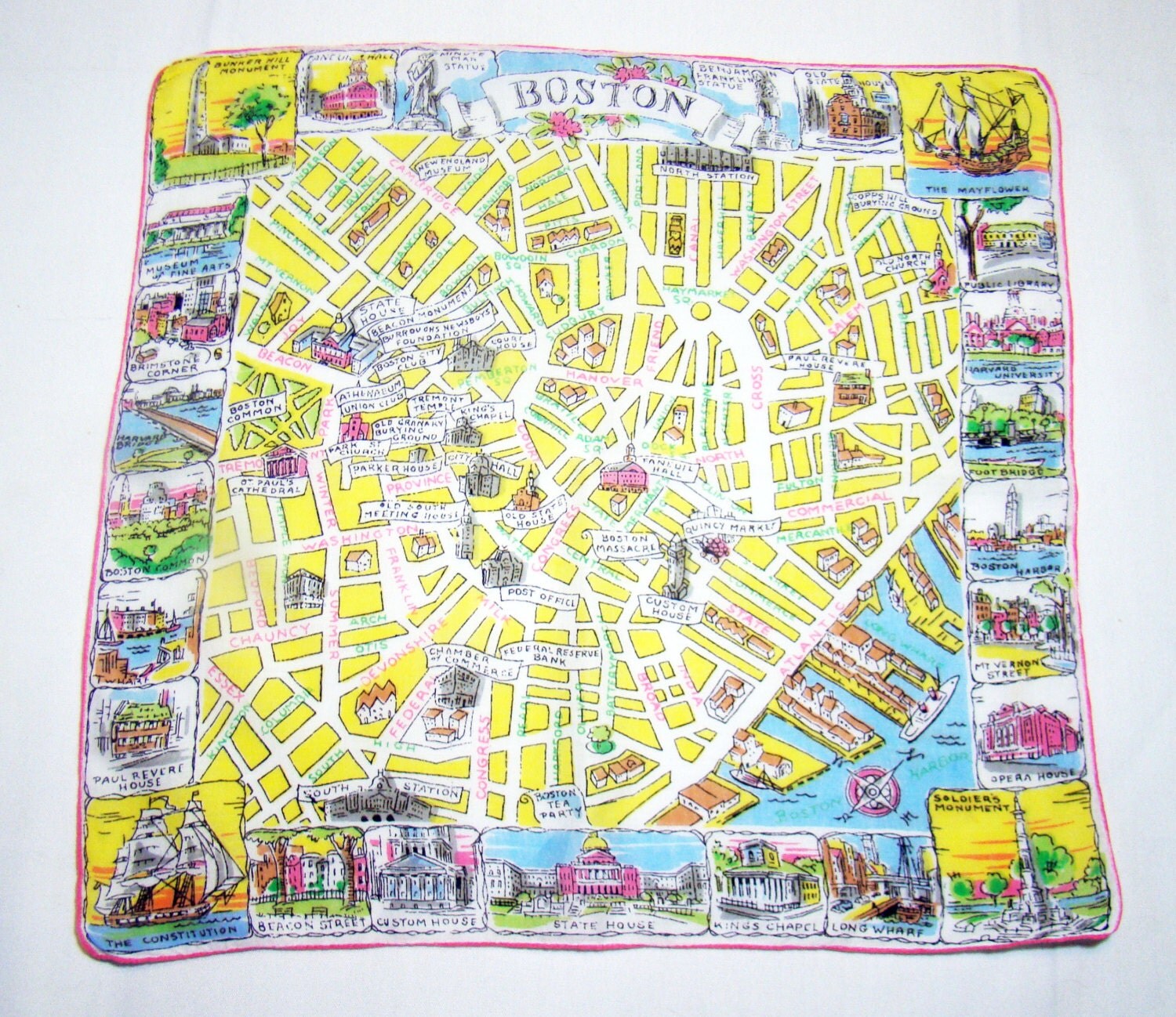 boston old city hankie historic landmarks map souvenir