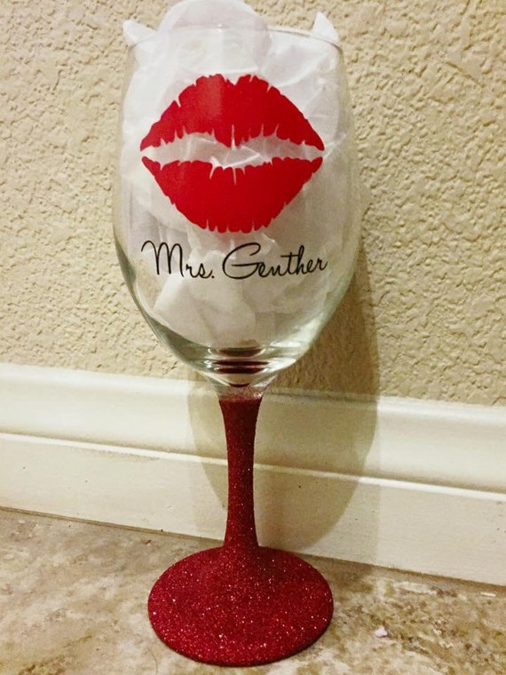 Personalized Red Lips Wine Glass // Glitter Stem // by GlitterSips