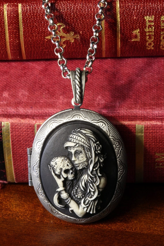 Cameo Locket Necklace. Day of the Dead Lady holding skull jewelry locket, Victorian Vintage Inspired jewellery