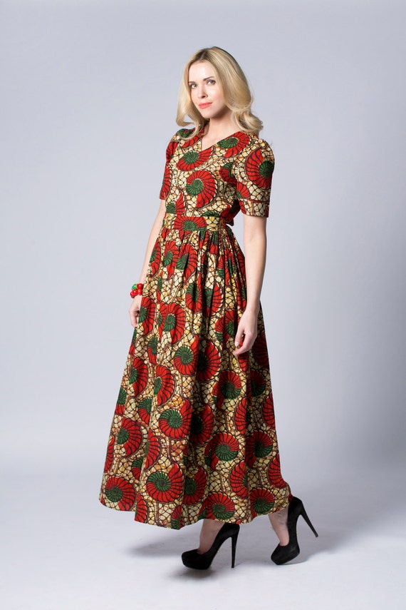 Red dress  Long Wax print Dress  Batik  dress  Sleeved Dress 