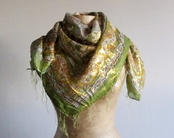 Large square gold and green vintage scarf, retro head scarf, vintage ...