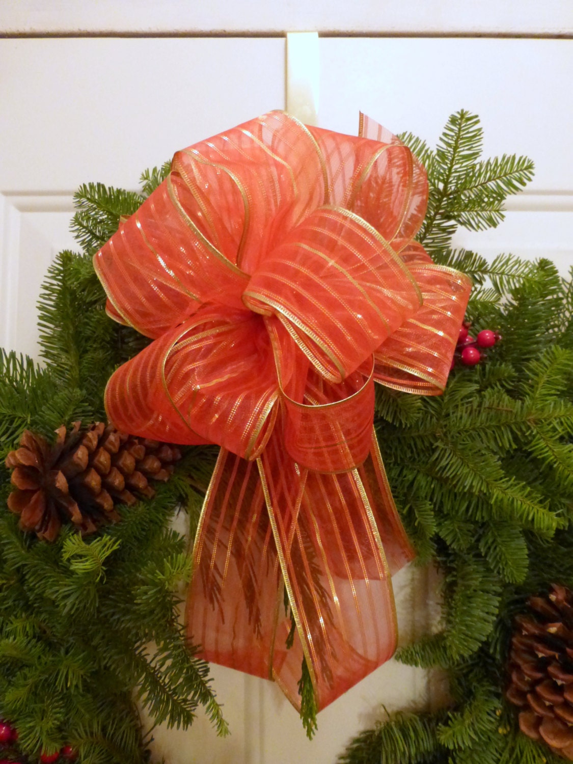 Red mesh Christmas wreath bow, red wtih gold stripes and trim, ready to ship