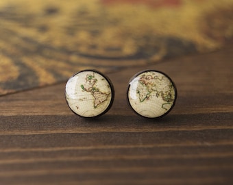 Cartography earrings, world map, vintage, old map, antique, stud earrings