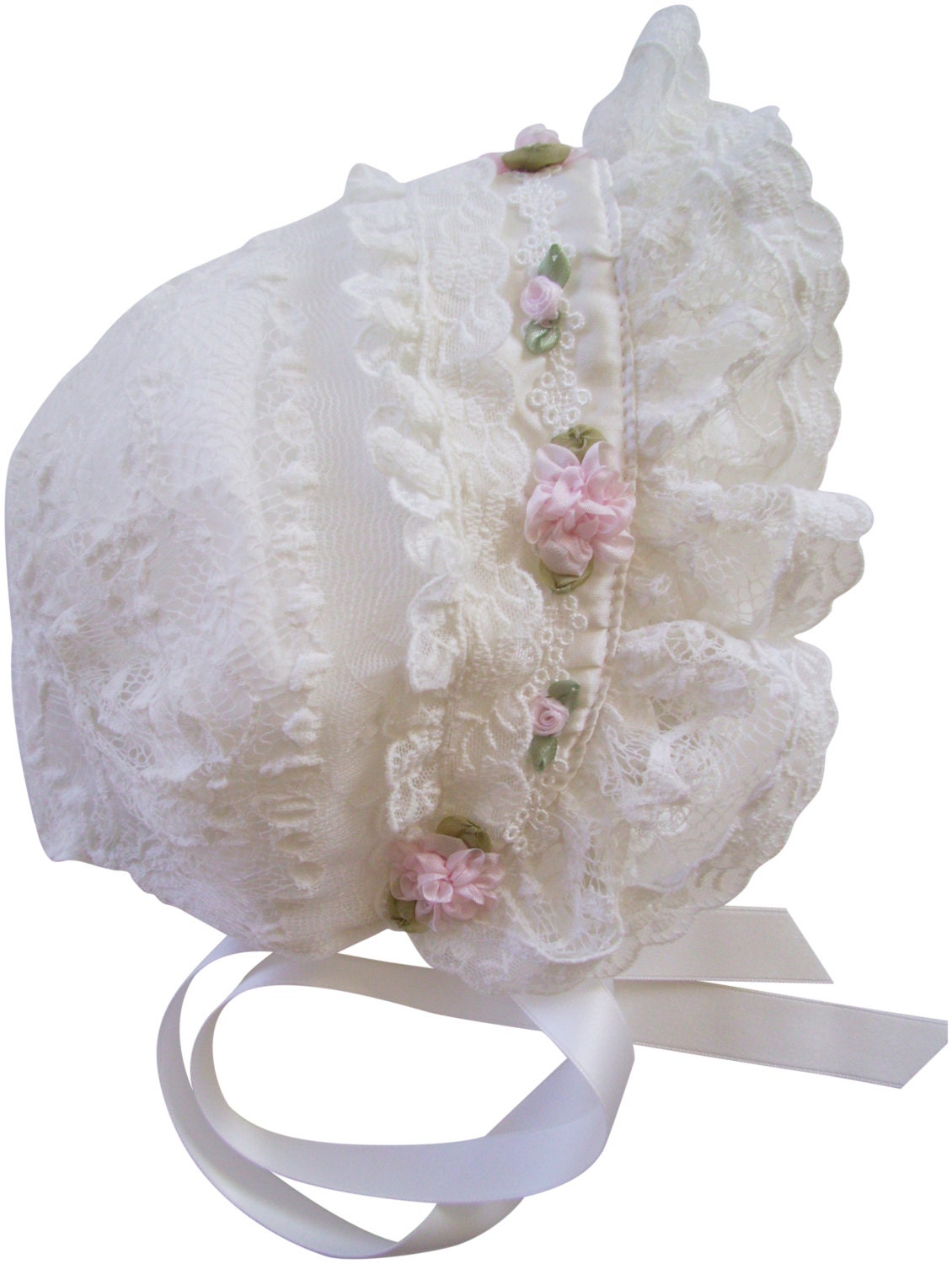 Ivory Lace and Pink Roses Baby Bonnet