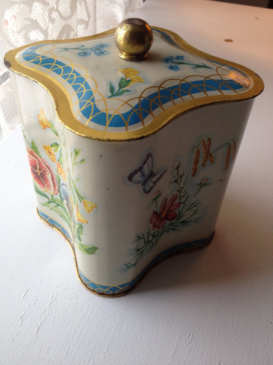 Striking Floral English Biscuit Tin Vintage Unusual Shape