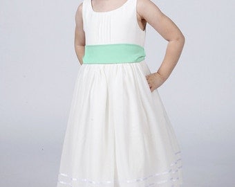 White Flower Girl Dress with Mint Green Sash To Match Your Bridesmaids and Groomsmen Available in 37 colours by Matchimony