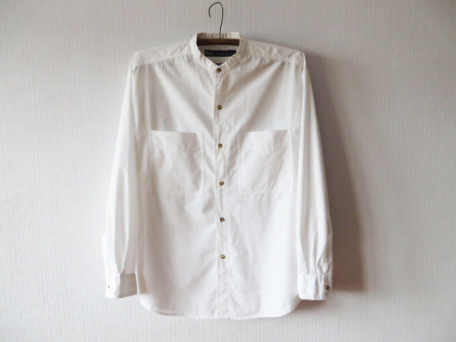 Mens White Summer Mandarin Collar Cotton Shirt Long Sleeve Formal ...