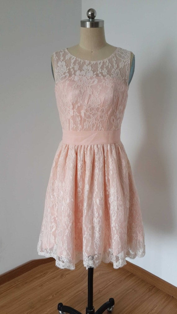 2015 Scoop Baby Pink Lace Short Bridesmaid Dress