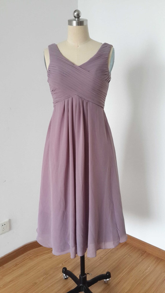 V neck Purple  Grey  Chiffon Short Bridesmaid  Dress 