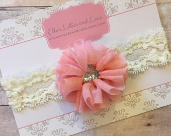 Baby Headband, Shabby Chic, Baby Girl Headband, Newborn Headband, Cream Headband, Pink Headband, Toddler Headband, Lace Headband