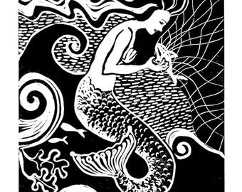 Mermaid linocut | Etsy